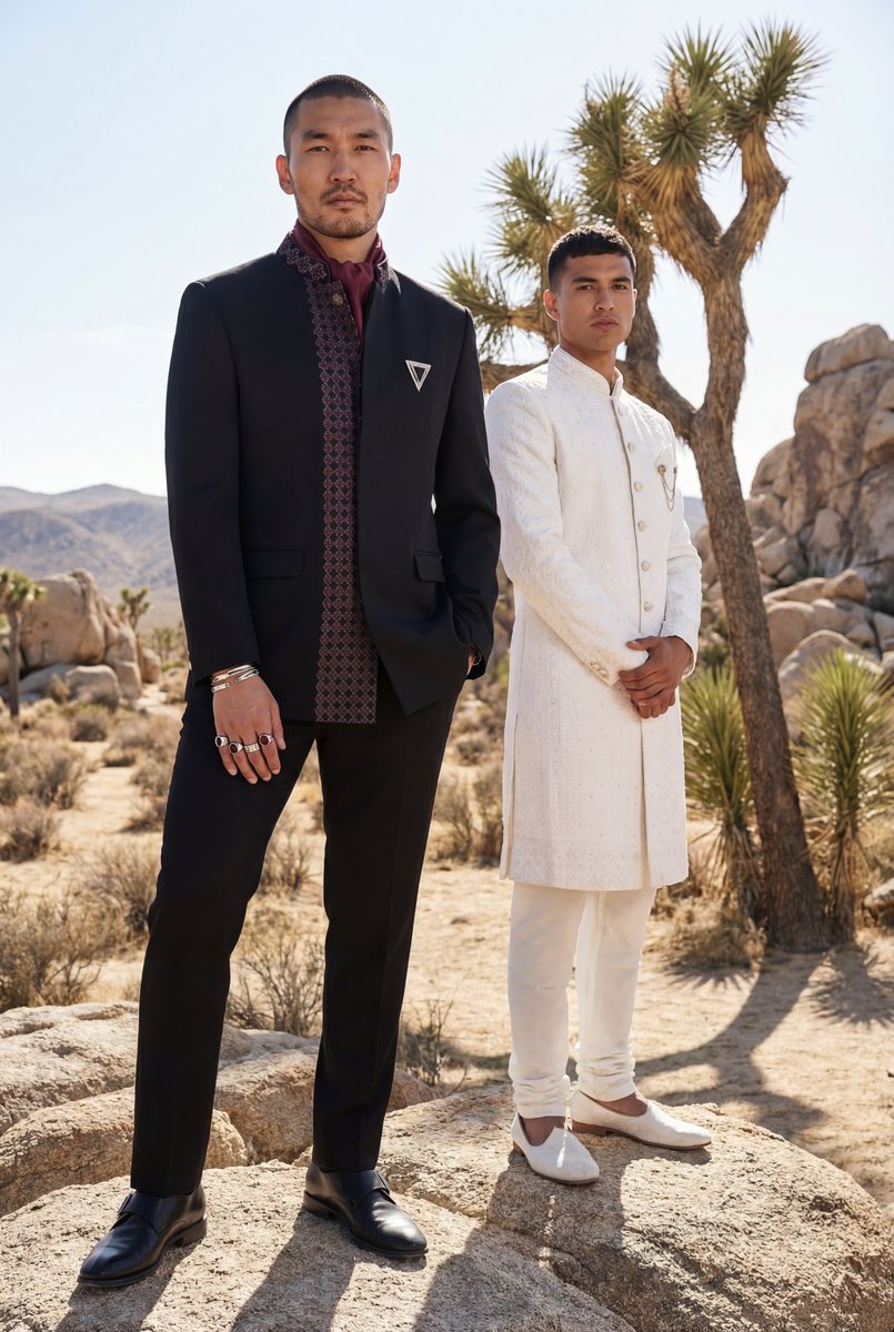 AI-generated fashion duo — men in black suit and white sherwani in Joshua Tree desert